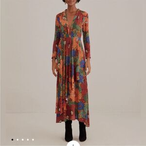 Farm Rio Maxi Dress Black Stitched Flowers V-Neck Florals Long Sleeve S
